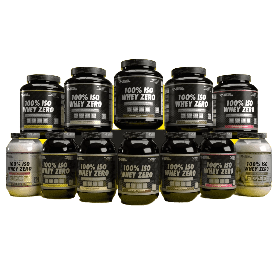 Refined Nutrition Iso Whey Zero protein tub — 90% whey isolate with 27g protein per scoop, low in carbs and fats.