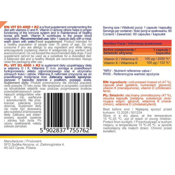 Allnutrition Vit D3 4000 + K2 - 60 softgels - Image 3