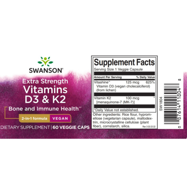 Swanson Vitamins D3 & K2, 50mcg & 75mcg - 60 vcaps - Image 3
