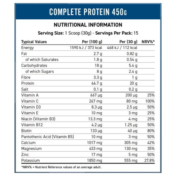 ingredians of complete protein vanila 450g from applied nutrition